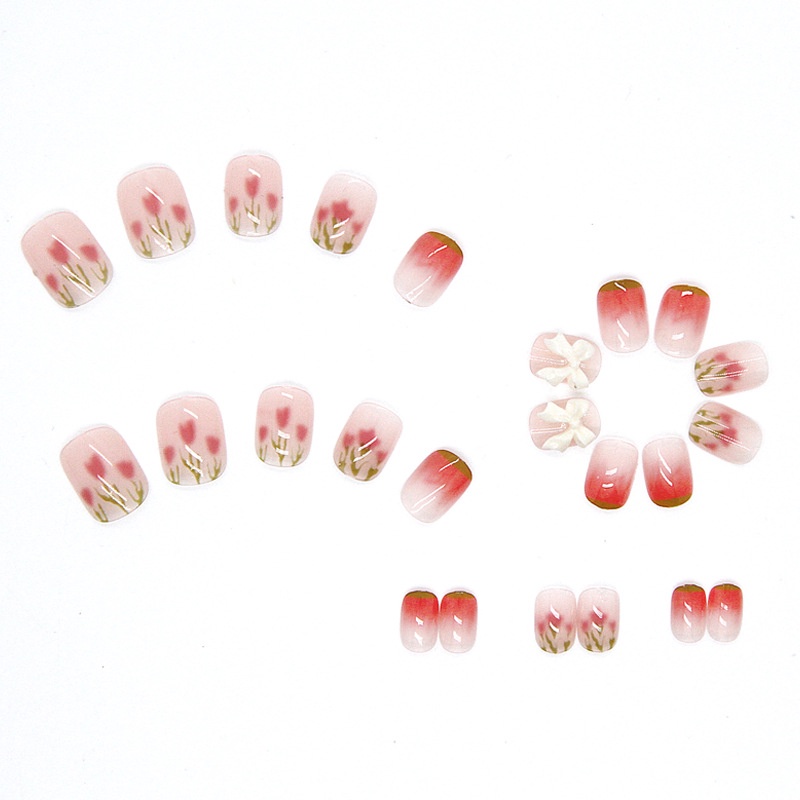 24pcs / box Kuku Palsu Desain Butterfly Knot Bunga Kecil Warna Merah Gradasi Untuk Dekorasi Nail Art