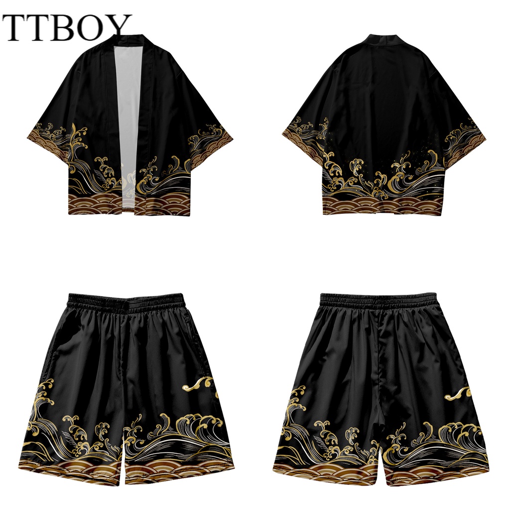 one set kimono Fashion 2022 New Loose Oversized Summer Kimono Sets Jepang Wanita Pria Pakaian Cardig