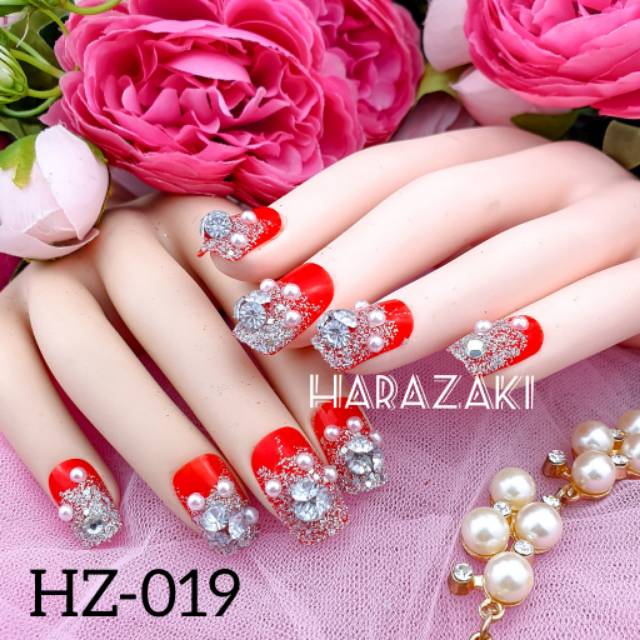 HZ019 kuku palsu merah diamond mutiara