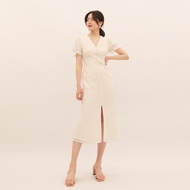 Tyra Lace Dress Korean White Midi Slit Dress Brukat Vintage vncek dress formal casual floral dress