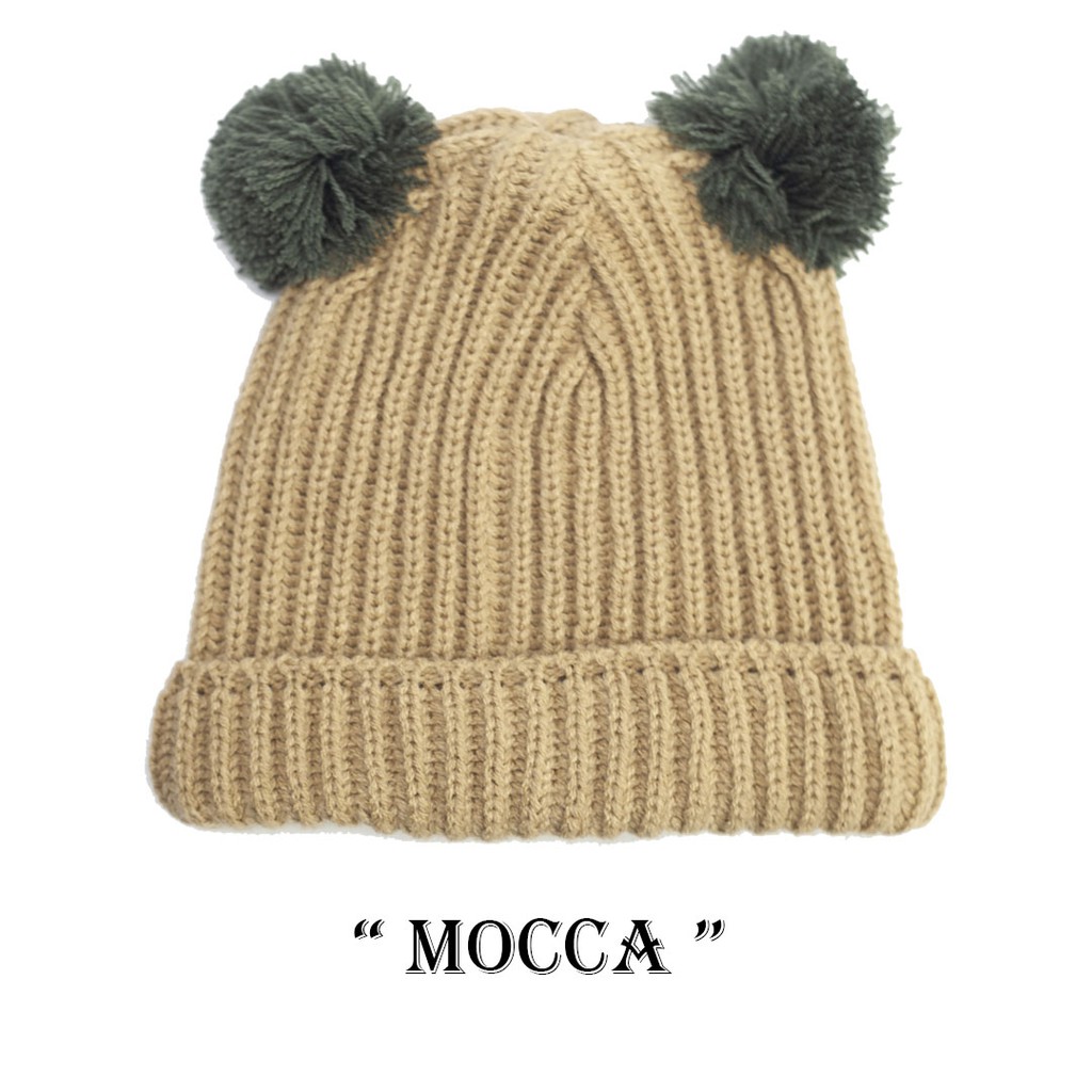 Kupluk Pompom Anak Bayi Cewek Cowok Polos / Bordir Nama Suka Suka-Mocca