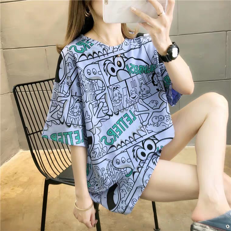 Oversize Tee Tshirt   Model Longgar Untuk Wanita Motif Elmo Letter