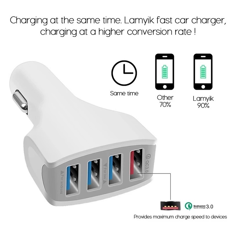 1 Pcs 4 Ports Car Charger USB 3.0 Fast Charging Sub-Device Charging Adapter