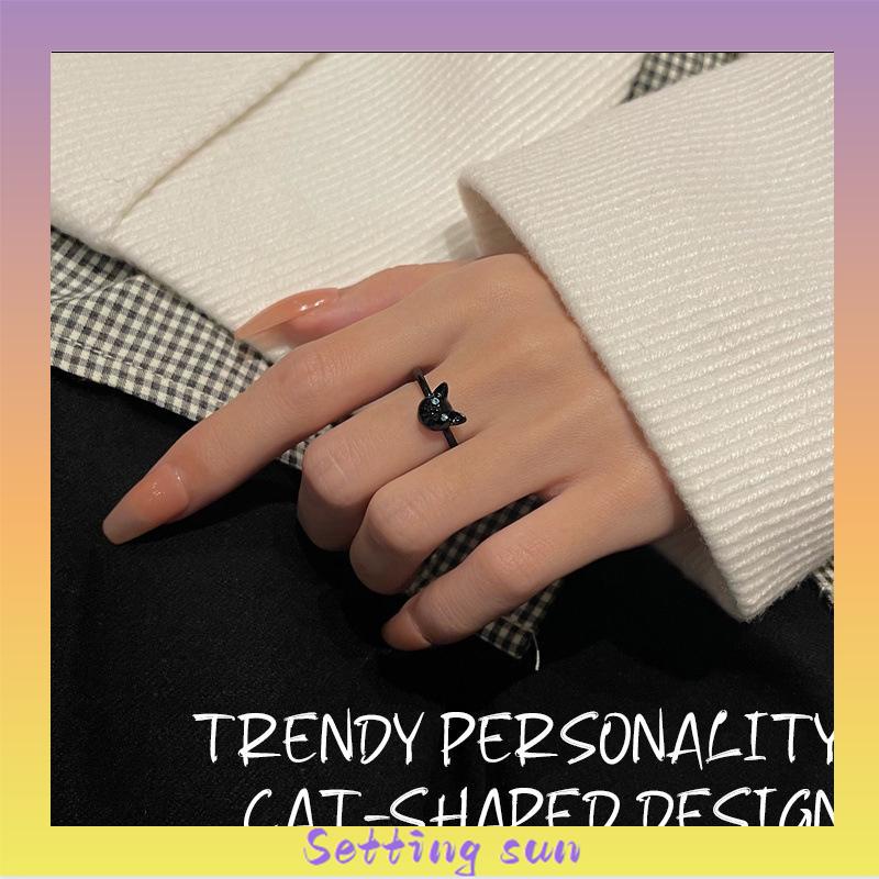 Cincin Kucing Hitam Wanita Trendi Desain Niche Cincin Jari Telunjuk Fashion Kepribadian Cincin TN