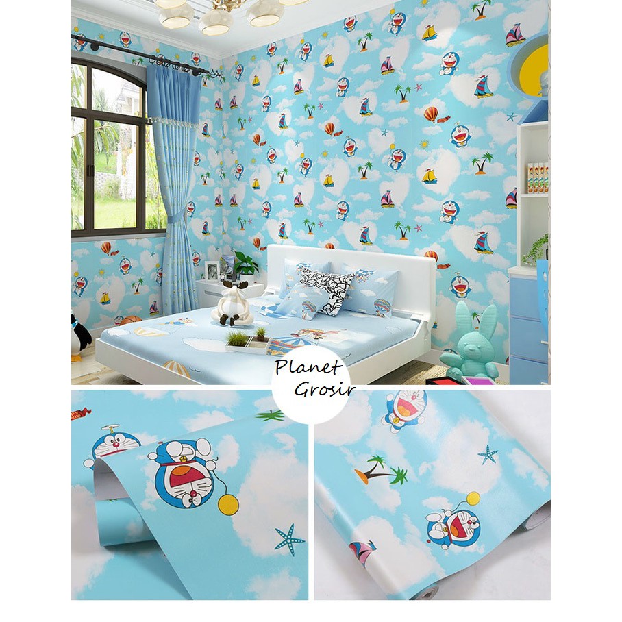 Wallpaper Dinding Kamar Tidur Motif Doraemon Awan Pantai