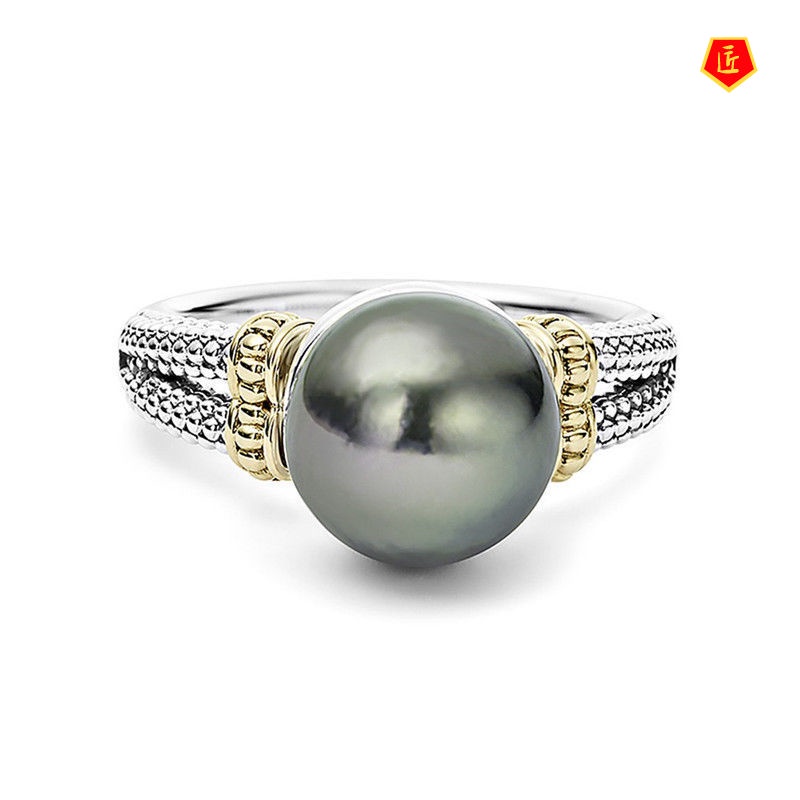 [Ready Stock]Gray Pearl Ring European and American round 925 Silver Engagement Ring