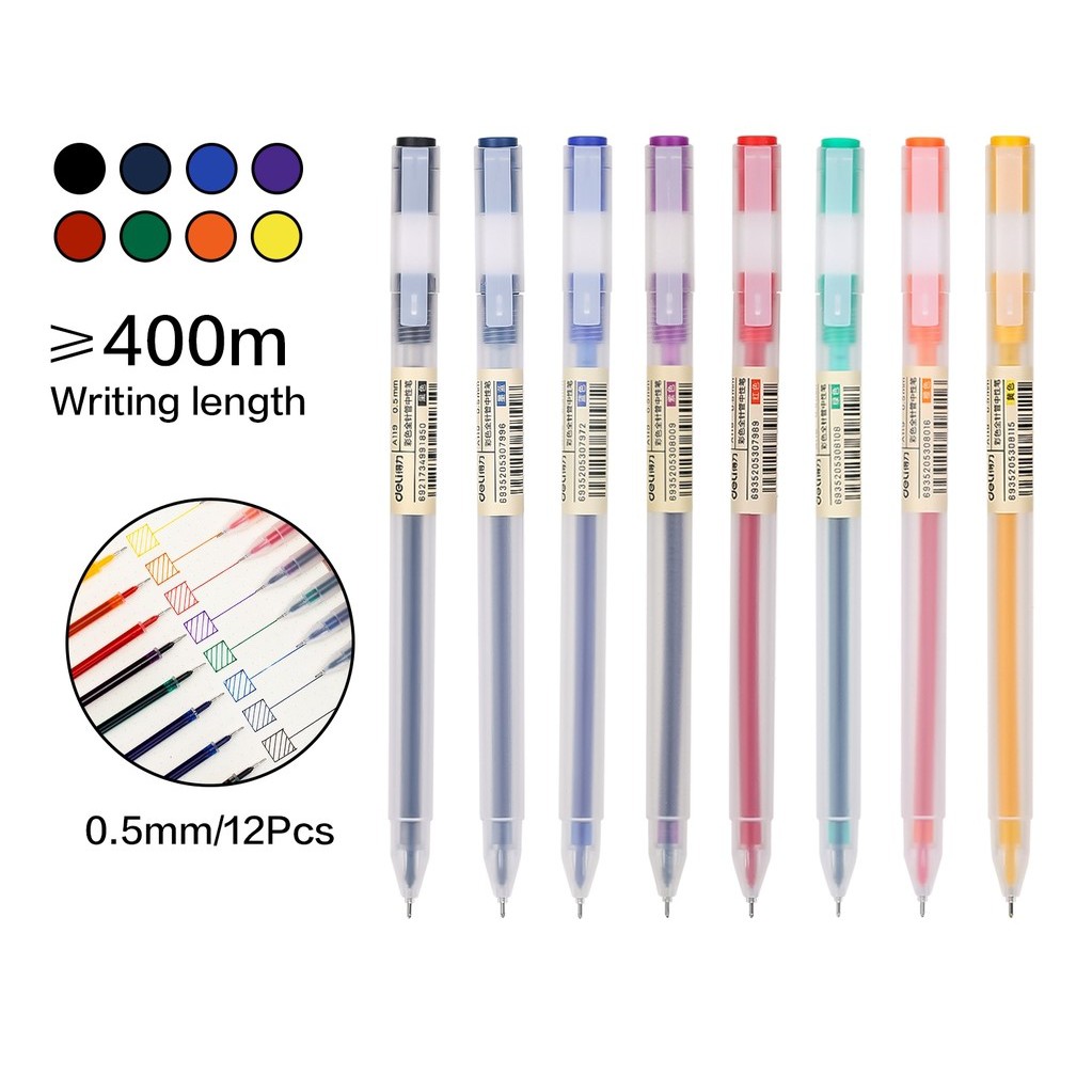 

PULPEN PEN GEL WARNA A-118 DELI UJUNG LANCIP 0.5 MM BALLPOINT 8 WARNA