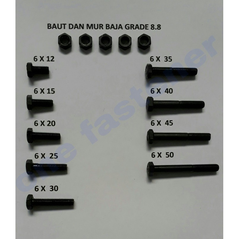 baut baja 6 x 12 mm sampai 6 x 50 mm plus mur grade 8.8 K13