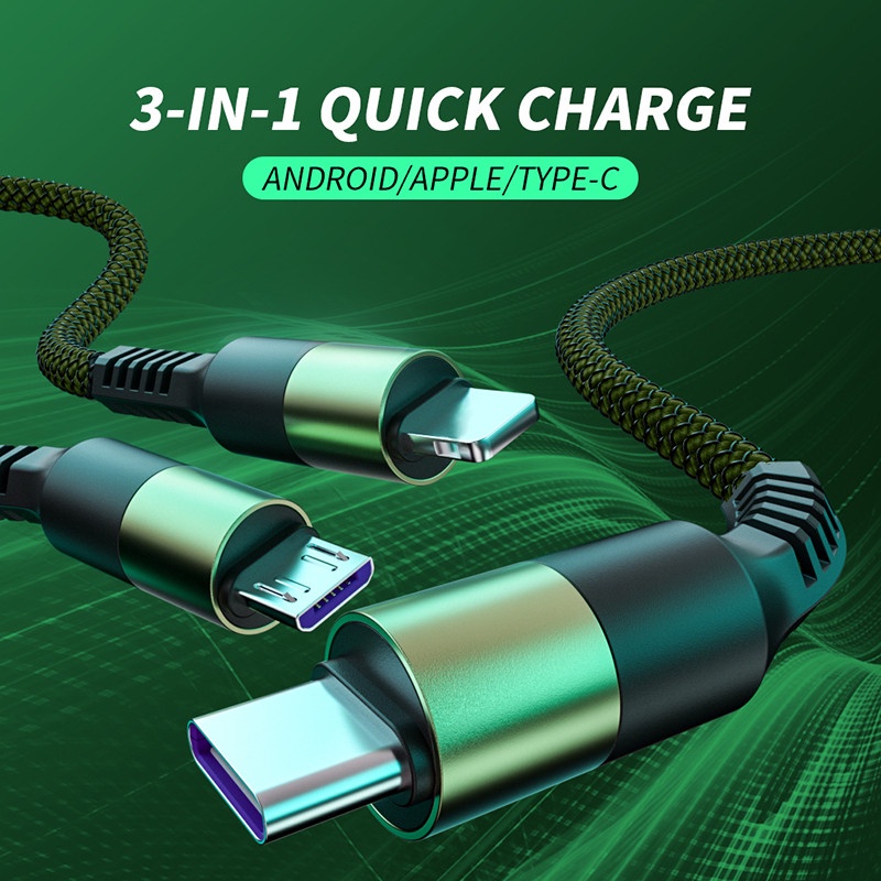 Kabel Charger 3 in 1 6A Fast Charging Dengan Port Micro Usb / Type C