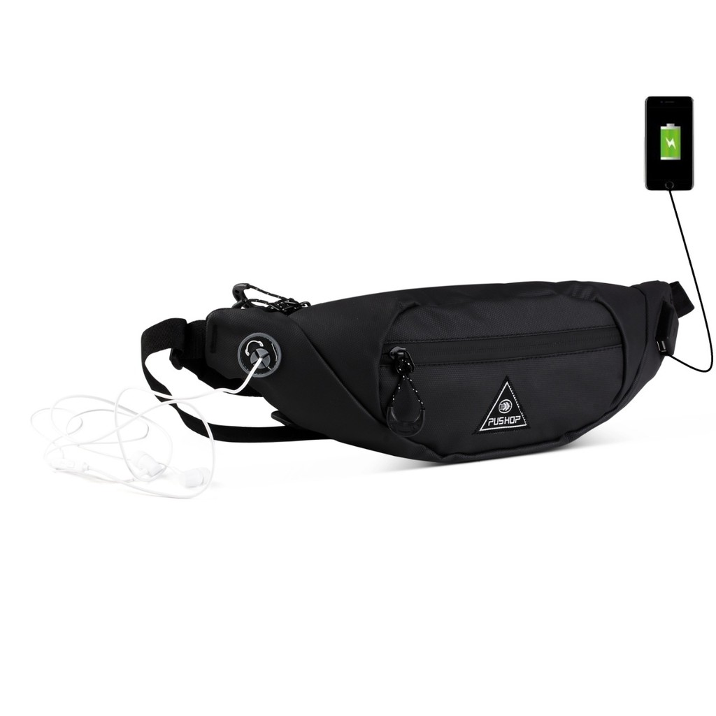 Waistbag Pria USB Waterproof PUSHOP AUTHENTIC Black Phan