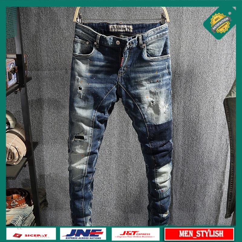 Celana Jeans Panjang Pria Fashion Streetwear  Spliced Designer Slim Fit Ripped Jeans Men Painted Den