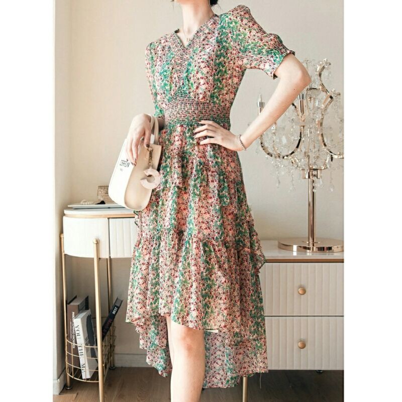 12344 Baju dress gaun pesta ruffle motif bunga korean style cewek import baju dress vneck gaun pesta