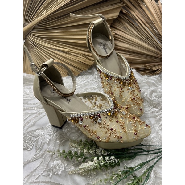 sepatu wanita wedding pesta naima gold tali 9cm tahu