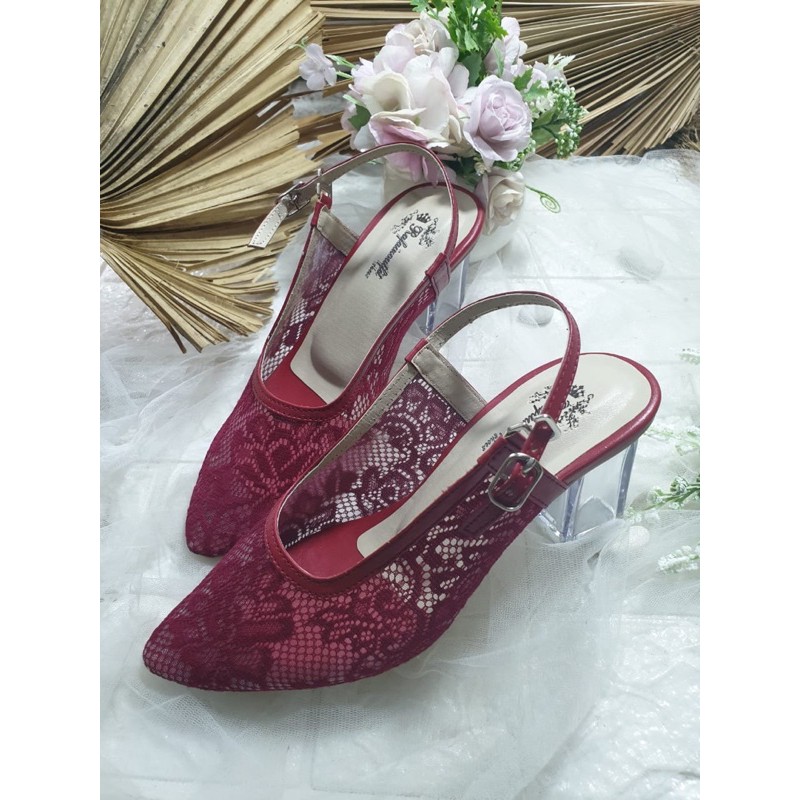 sepatu clarrisa merah Maroon 7cm kaca