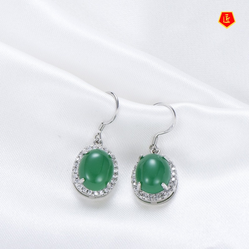 [Ready Stock]S925 Silver Jade Agate Earrings Vintage Full Diamond