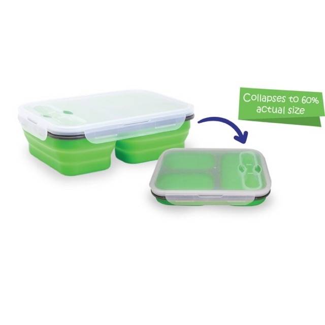 Baby Safe - GREEN Collapsible Lunch Box 3 parts 650 ml + 250 ml +250ml(3 compartments with Spoon and Fork)