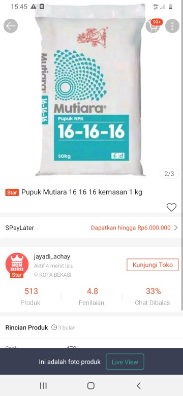 Pupuk Mutiara 16 16 16 Kemasan 1 Kg