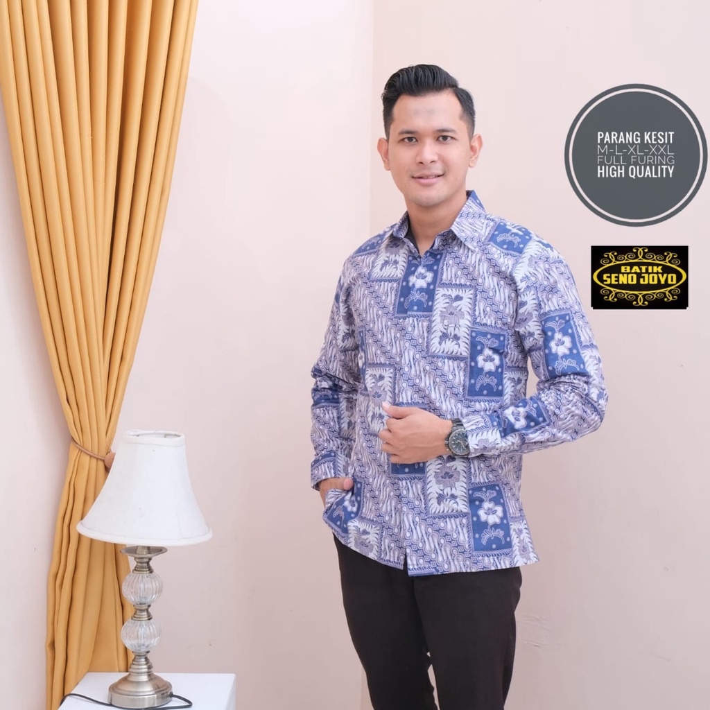 baju batik pria lengan panjang BIRU NAVY KELEM modern ORIGINAL PREMIUM KEKINIAN BATIK SOLO MURAH