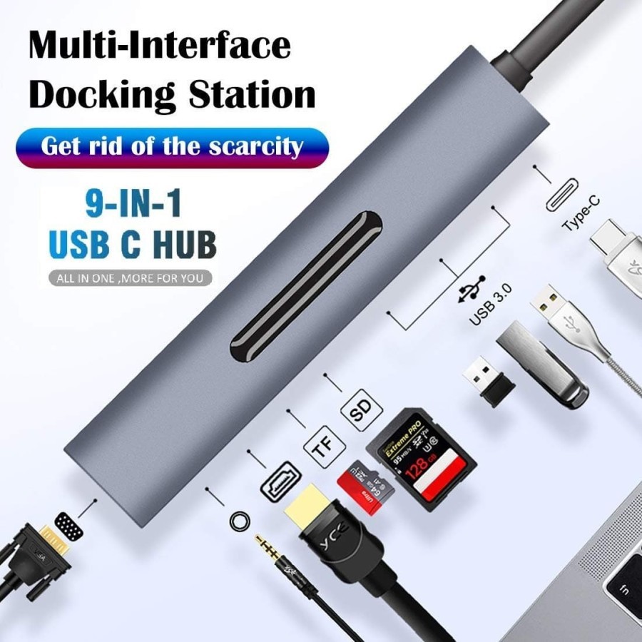 V161B Type C Adapter 9 in 1 PD 87W Type C Charging Port 4K HDMI VGA