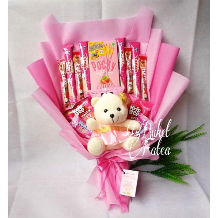 

Buket boneka pink plus snack hadiah hampers