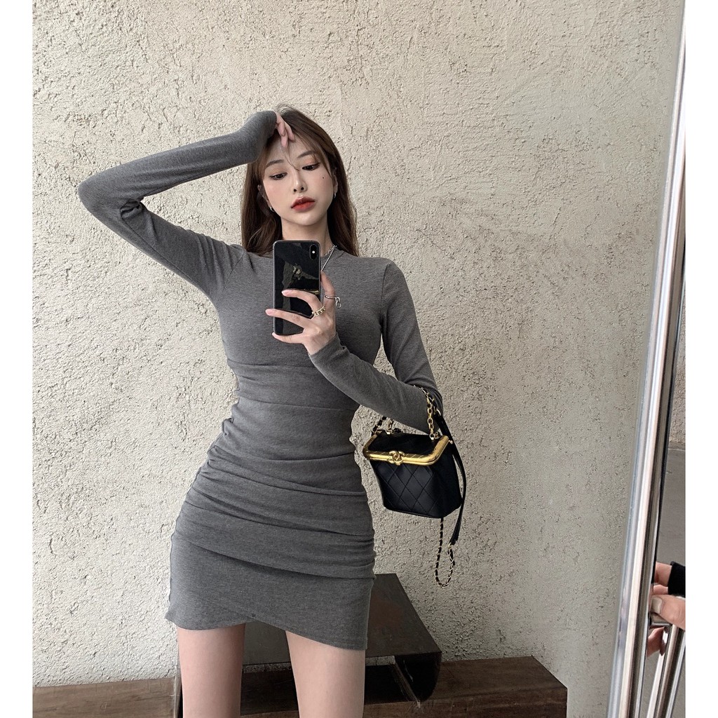 Long Sleeve Mini Dress Bodycon Dress Wanita Lengan Panjang 1130 (S-XL)