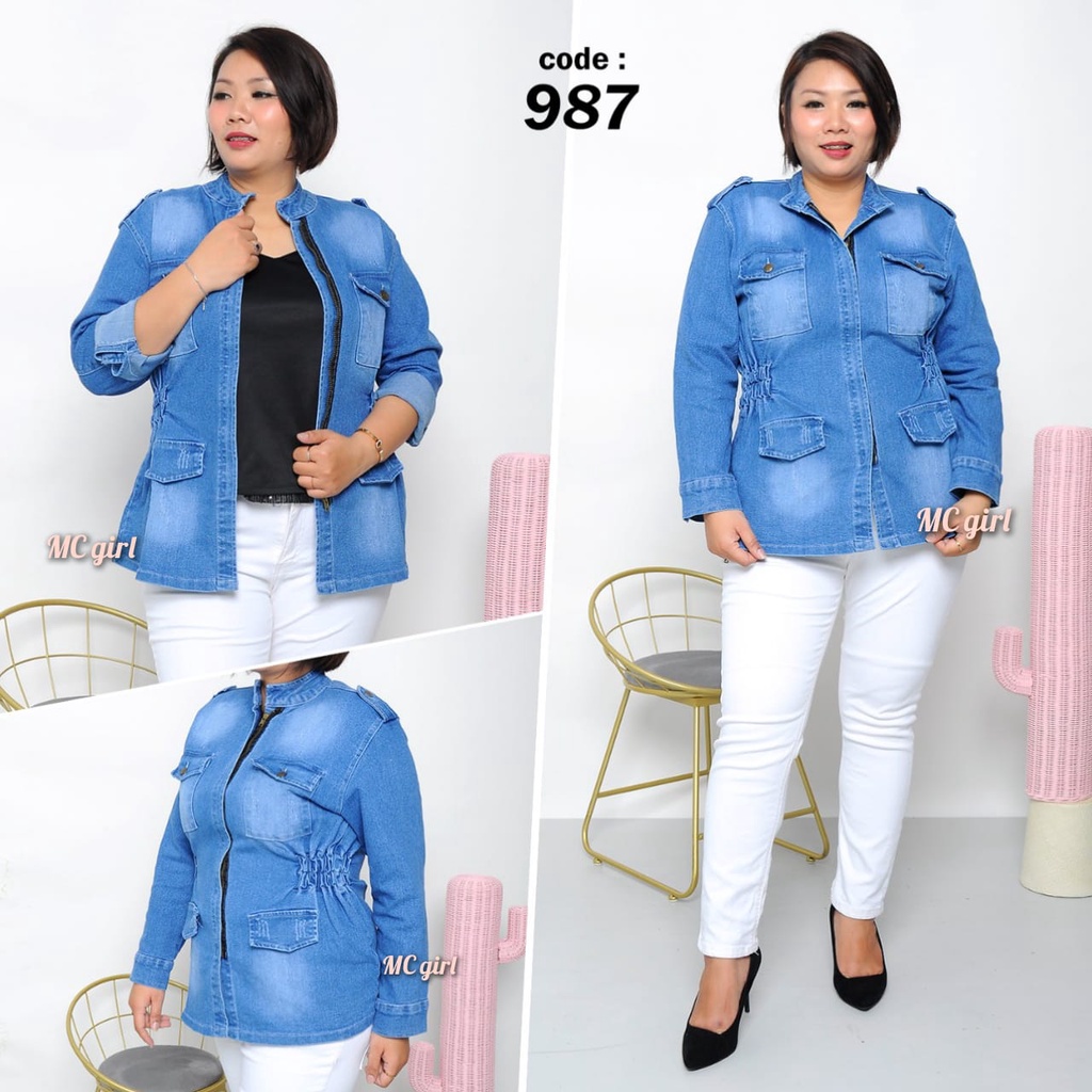 MC girl - Jaket Jeans Resleting Pinggang Karet Jumbo Wanita / Jas Sleting Big Size Wanita