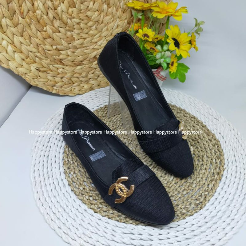 CUCI GUDANG Flatshoes wanita anti slip - flatshoes wanita full black - alas karet lentur FS01 original brand