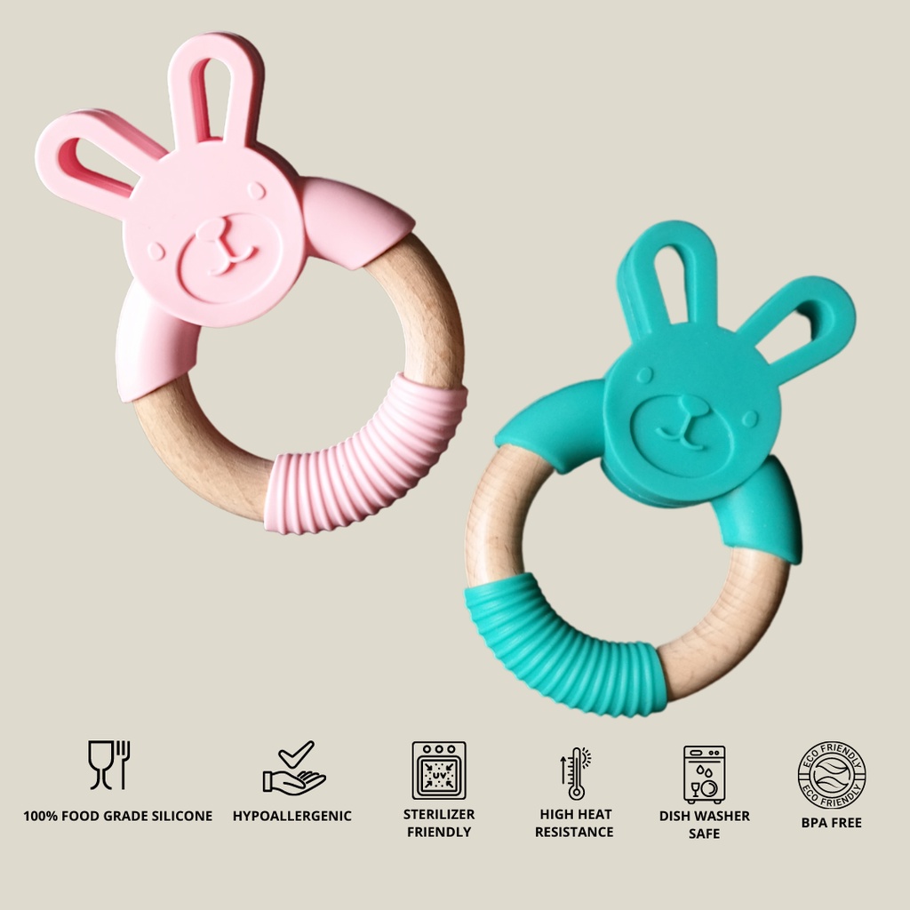 WOODEN - SILICONE BABY TEETHER BUNNY RING