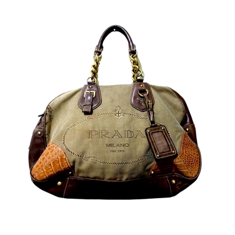 Tas "Prada" travel bag jacquard logo canvas leather preloved