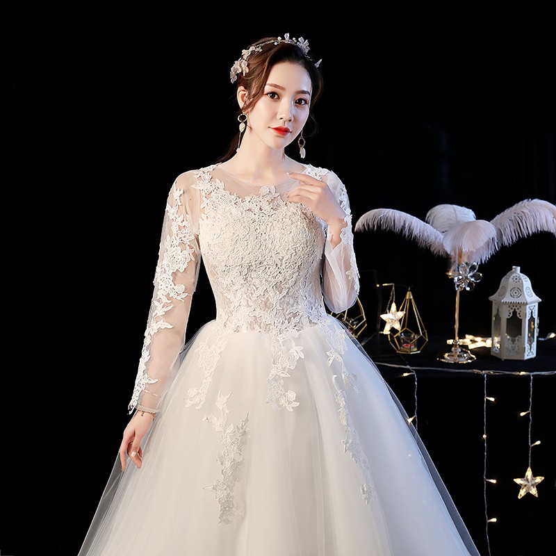 Fashion Puith Gaun Pengantin Renda Lengan Panjang Gaun Pesta Pengantin White Lace Wedding Dress