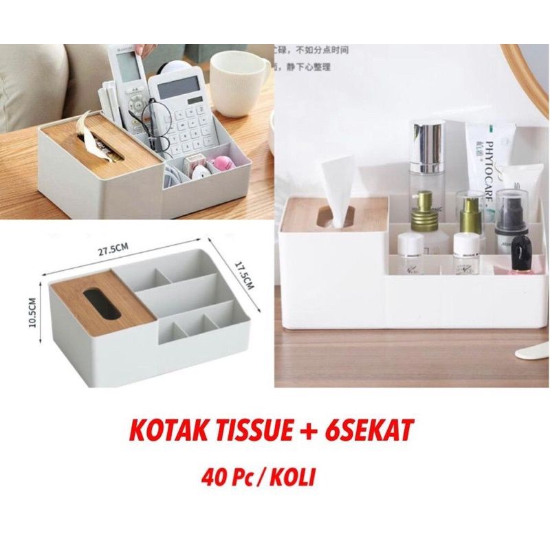 Kotak Tissue Box Storage Plastik 6in1 Box Organizer Tempat Penyimpanan Tissue Remote Phone Kosmetik