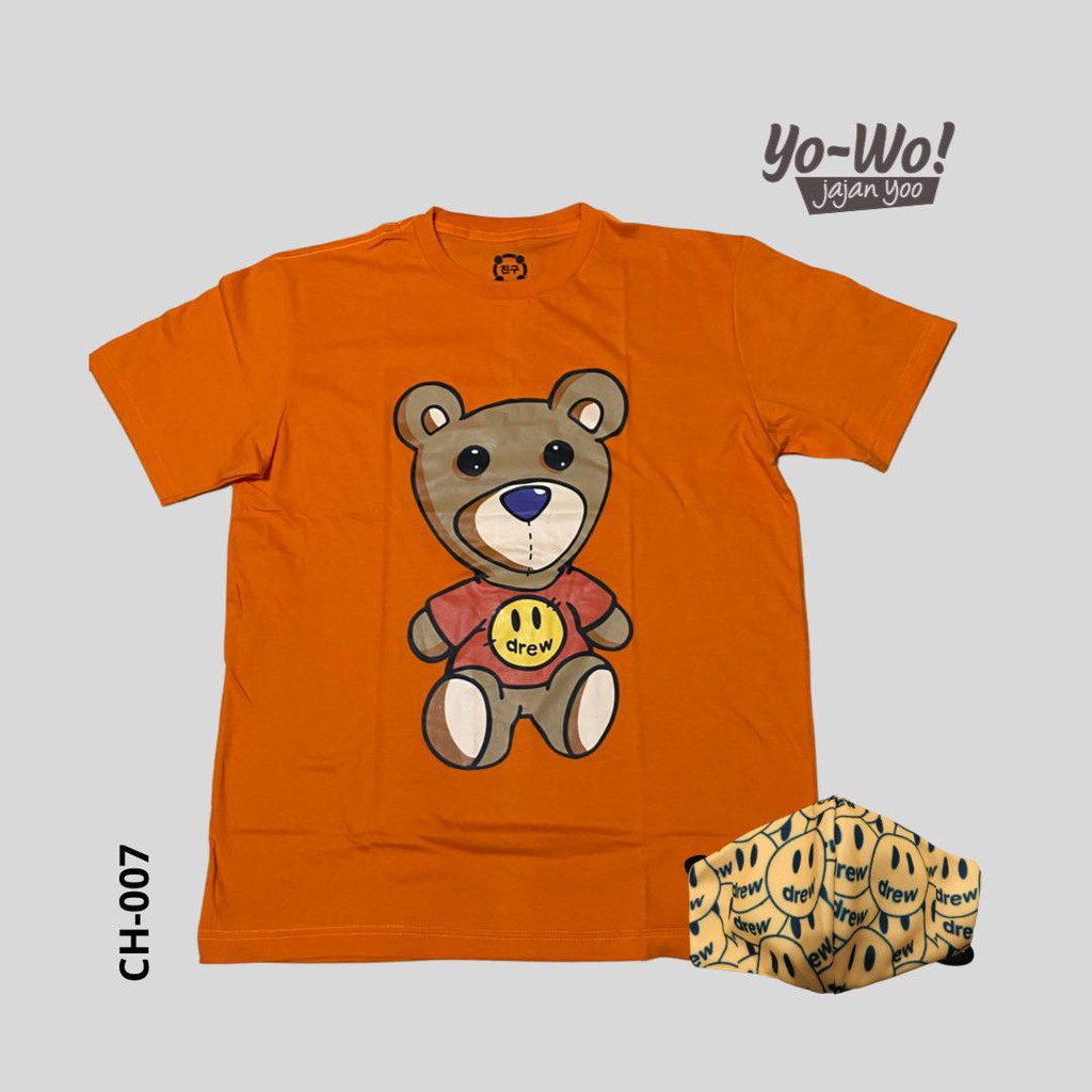 Paket Crewneck Tshirt dan Masker Hypebeast Teddy Drew Orange by YoWo