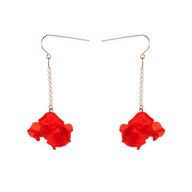 LRC Anting Gantung Fashion Red Multi-layer Resin Flower Pearl Earrings D10722