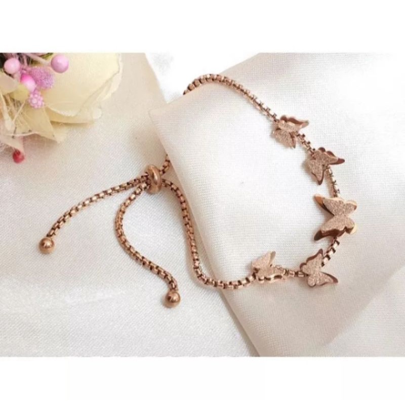 Gelang Serut Wanita Kupu Rosegold Titanium Anti Karat