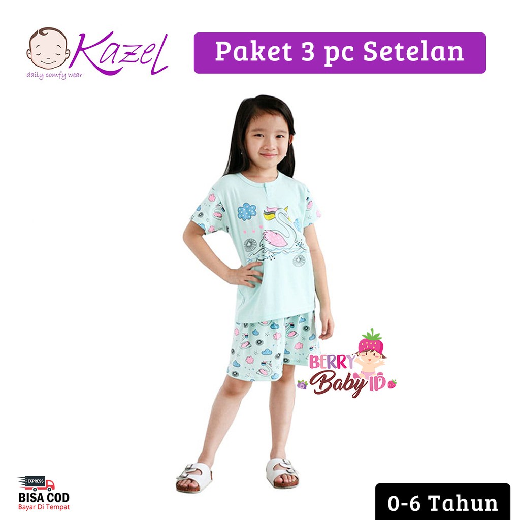 Kazel Set 3 pcs Setelan Pendek Bayi Anak Girl Swan 0-6 Tahun KZL003 Berry Mart