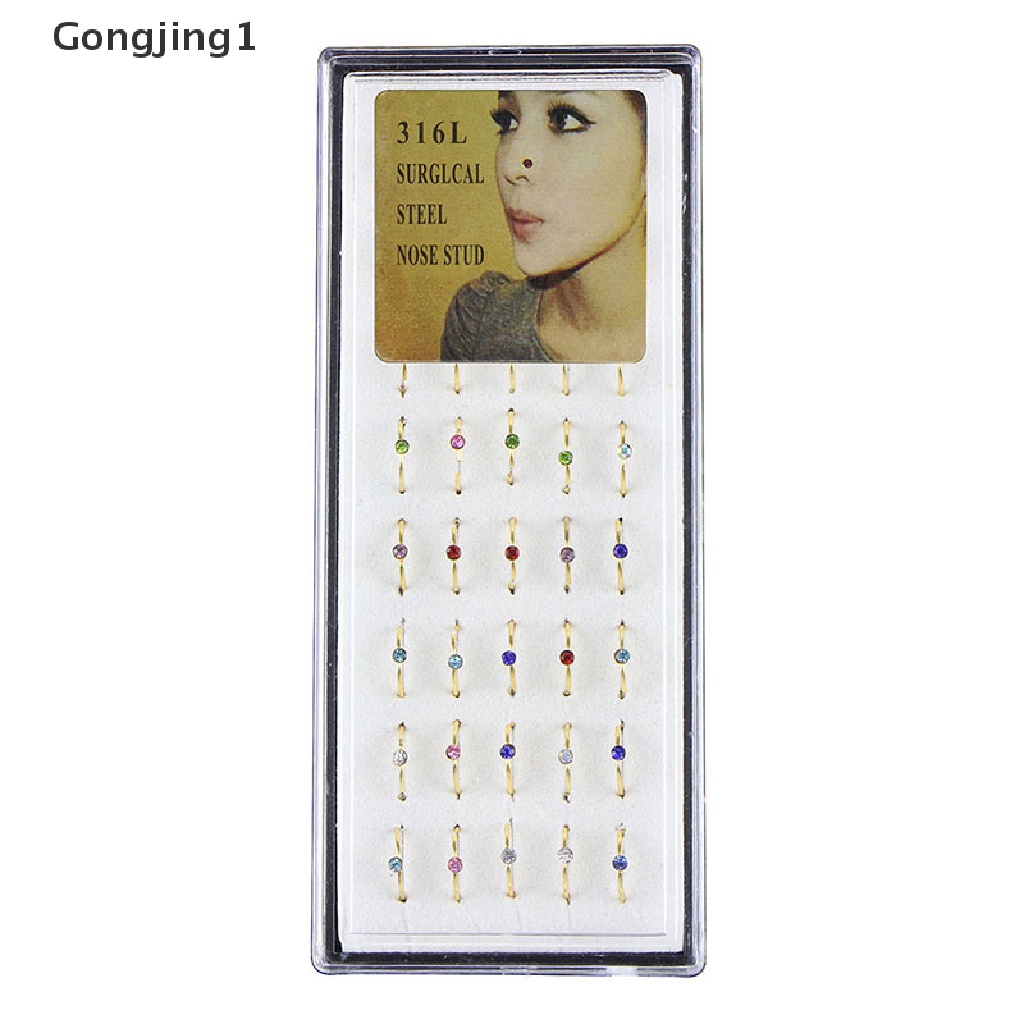 Gongjing1 40pcs / Set Cincin Tindik Hidung / Tubuh Bahan Stainless Steel Hias Kristal Untuk Wanita