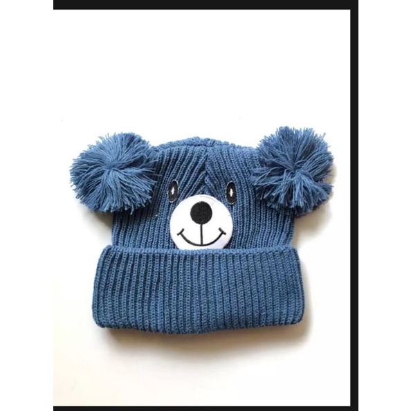 Kupluk pompom beruang/ Kupluk rajut pompom karakter beruang
