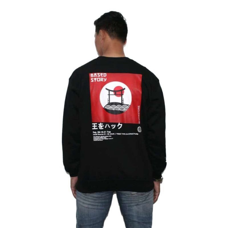 Crewneck Black Based Story Motif Keren Simpel Pria dan Wanita Premium Quality