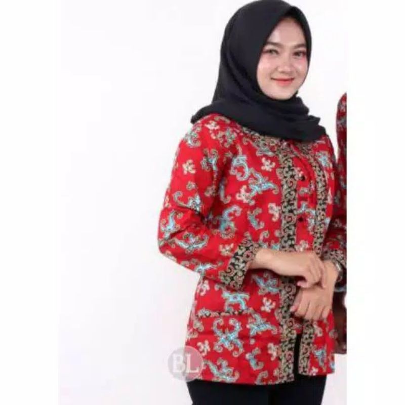 LIMITED EDITION EXCLUSIVE BLOUSE BLUS BATIK KERJA KANTOR ATASAN BAJU BATIK WANITA MERAH CERAH CABE