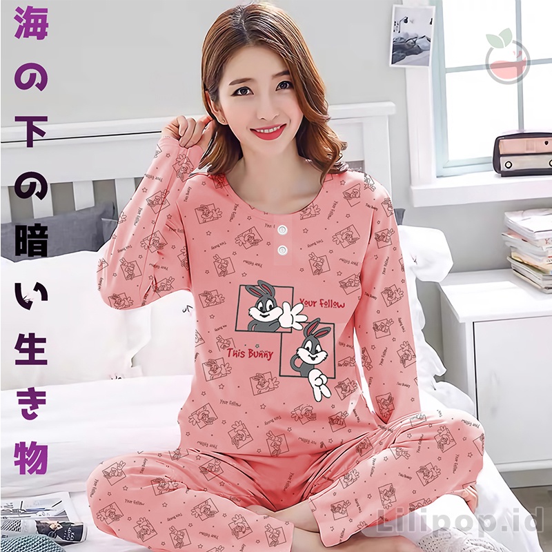 Baju Tidur Wanita PP Lengan Panjang Celana Panjang Baby Doll Bahan Kaos Allsize Murah