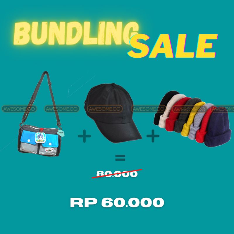 BUNDLING Sale Tas Selempang Hanzo Hitam Topi Baseball Polos Hitam Kupluk Beani Polos