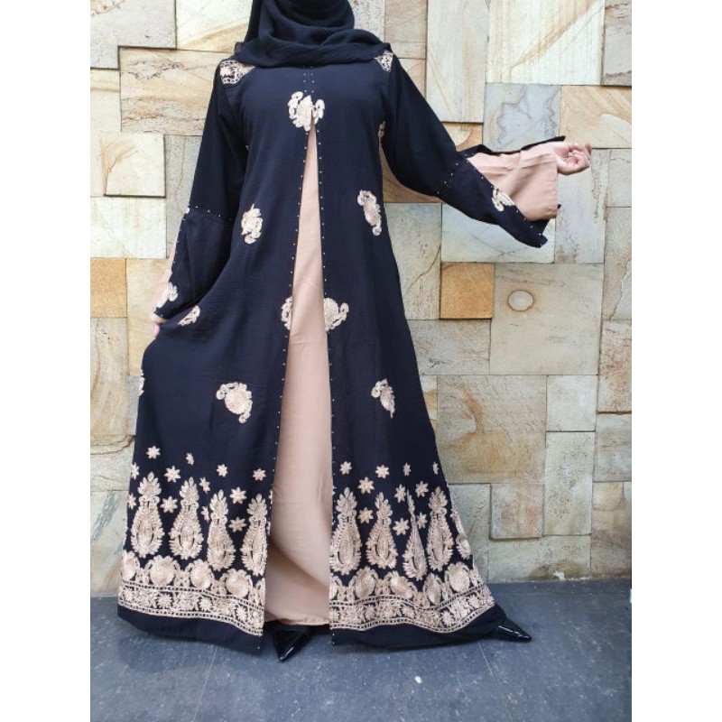 Baju Muslim Abaya Bordir Dubai 396 Gamis Syar'i Dasar Hitam Kain Jetblack Saudi