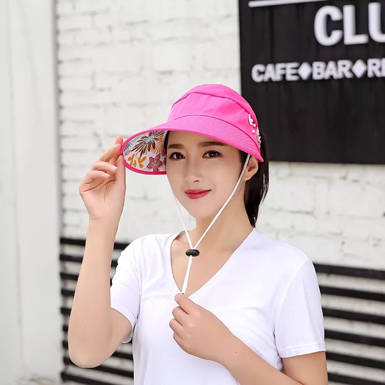 Topi Wanita Pink Pantai Senam Cewek Kekinian Visor Cap Fashion Perempuan Korea Motif Bunga Golf BEST K3