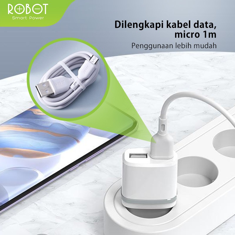 Charger 2 Port USB + Kabel Data  Micro USB 100cm Robot RT-K9 2,1A - White