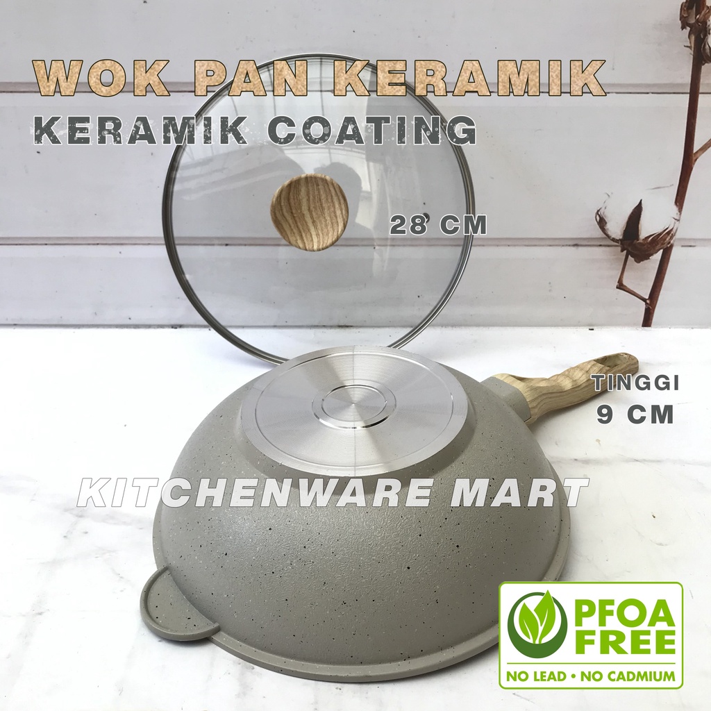 Wokpan Keramik 28 cm Tutup Kaca Wok Ceramic PFOA FREE - Wajan Keramik Panci wajan Penggorengan Fry