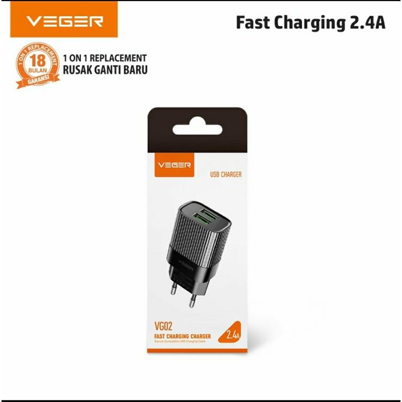 Charger VEGER dual output VG02 fast charging 2.4a / batok charger VEGER 2.4a 2output