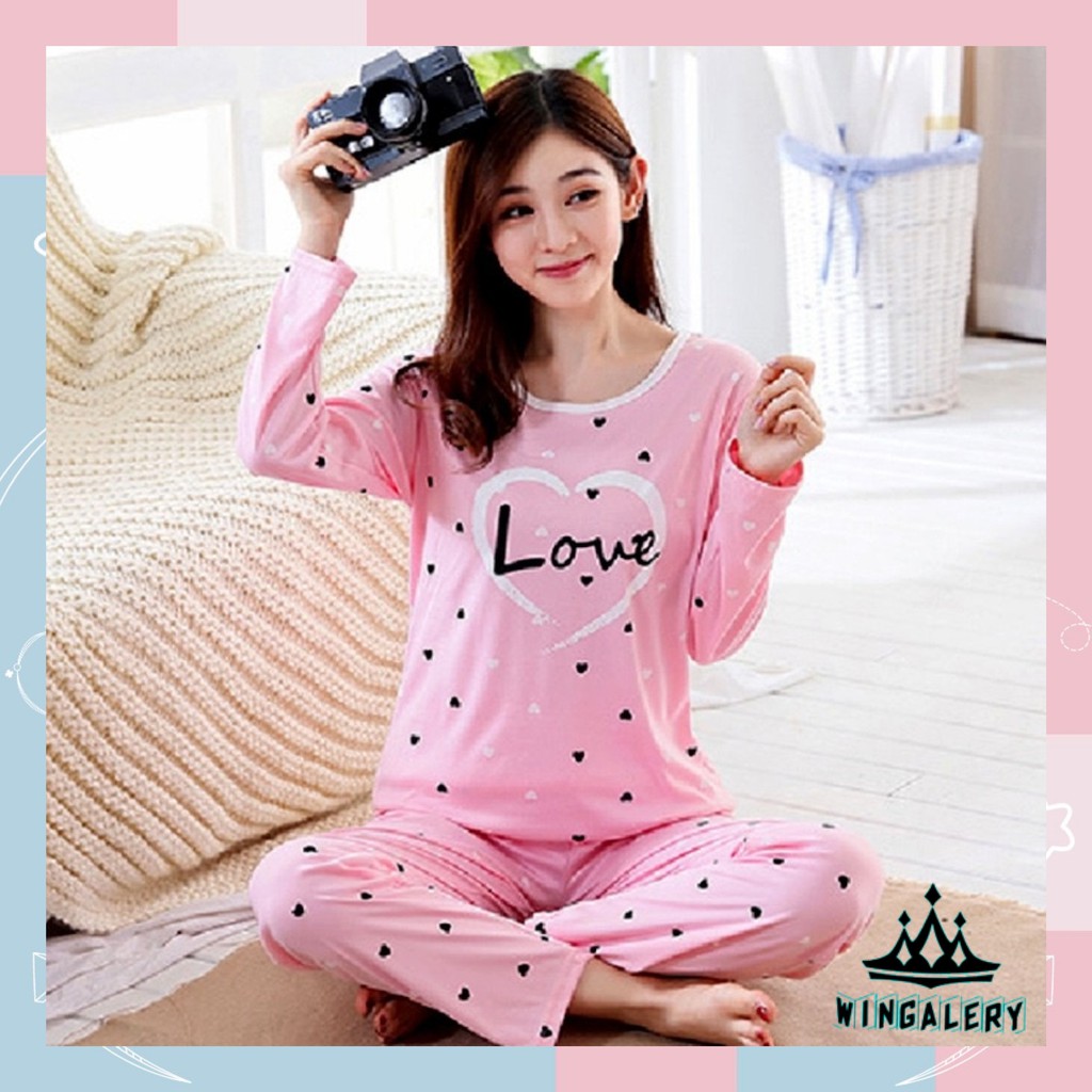 WINGALERY Setelan Piyama Lengan Panjang Baju Tidur Wanita Print Karakter Kartun Pajamas Dewasa 4018