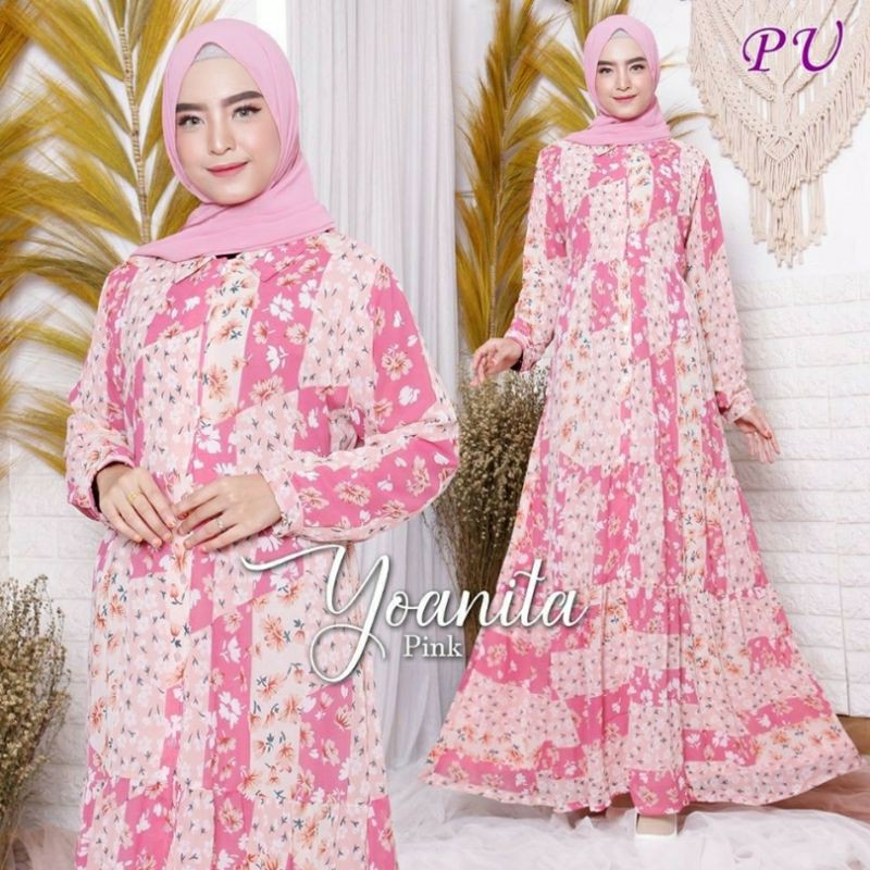 gamis ceruti bangkok maxi dress muslim busui friendly yoanita homedress motif flower