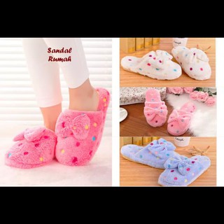  SANDAL  TIDUR  BULU BONEKA  HALUS RIBBON POLKADOT SENDAL 