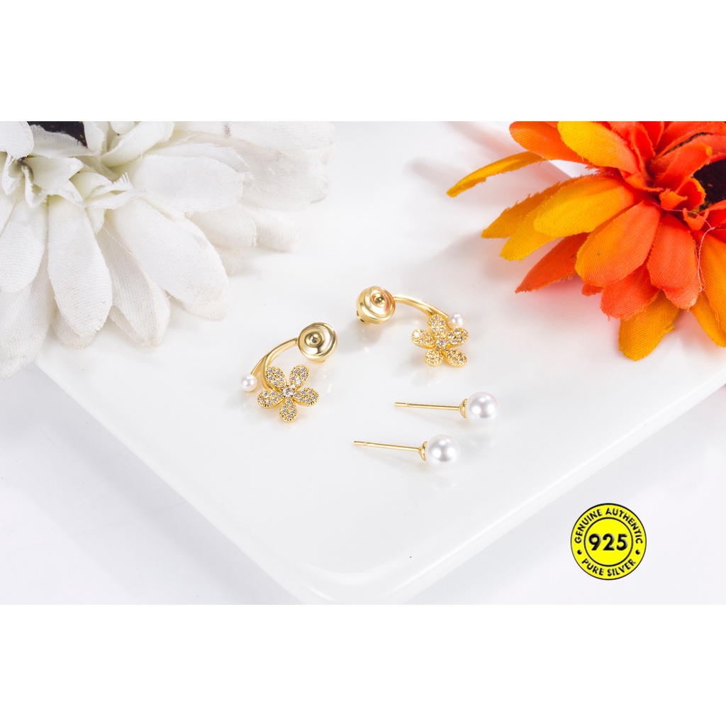 Anting Tusuk Sterling Silver 925 Model Bunga Dengan Mutiara Untuk Wanita